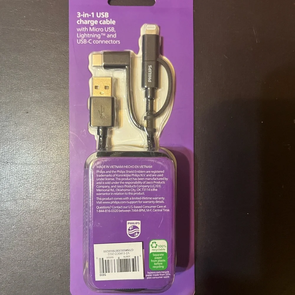 Philips 3-in-1 USB Charge cable with micro USB, lightning and USB-C connectors
